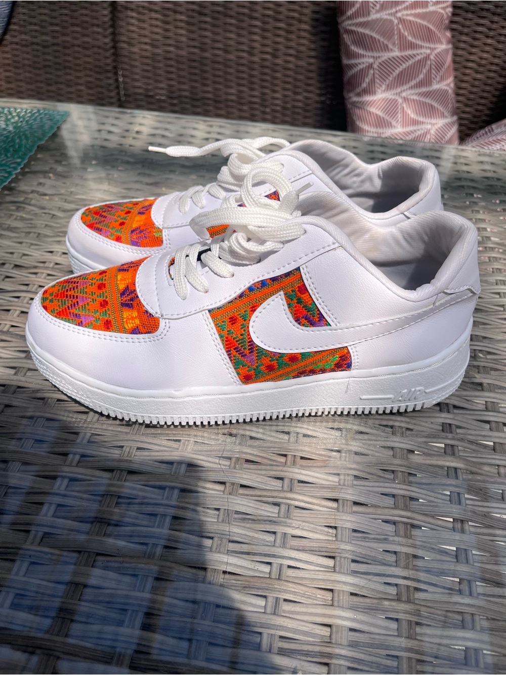 Nike Air Force White Sneakers with Orange Pink Green and Blue Patterned Inlay